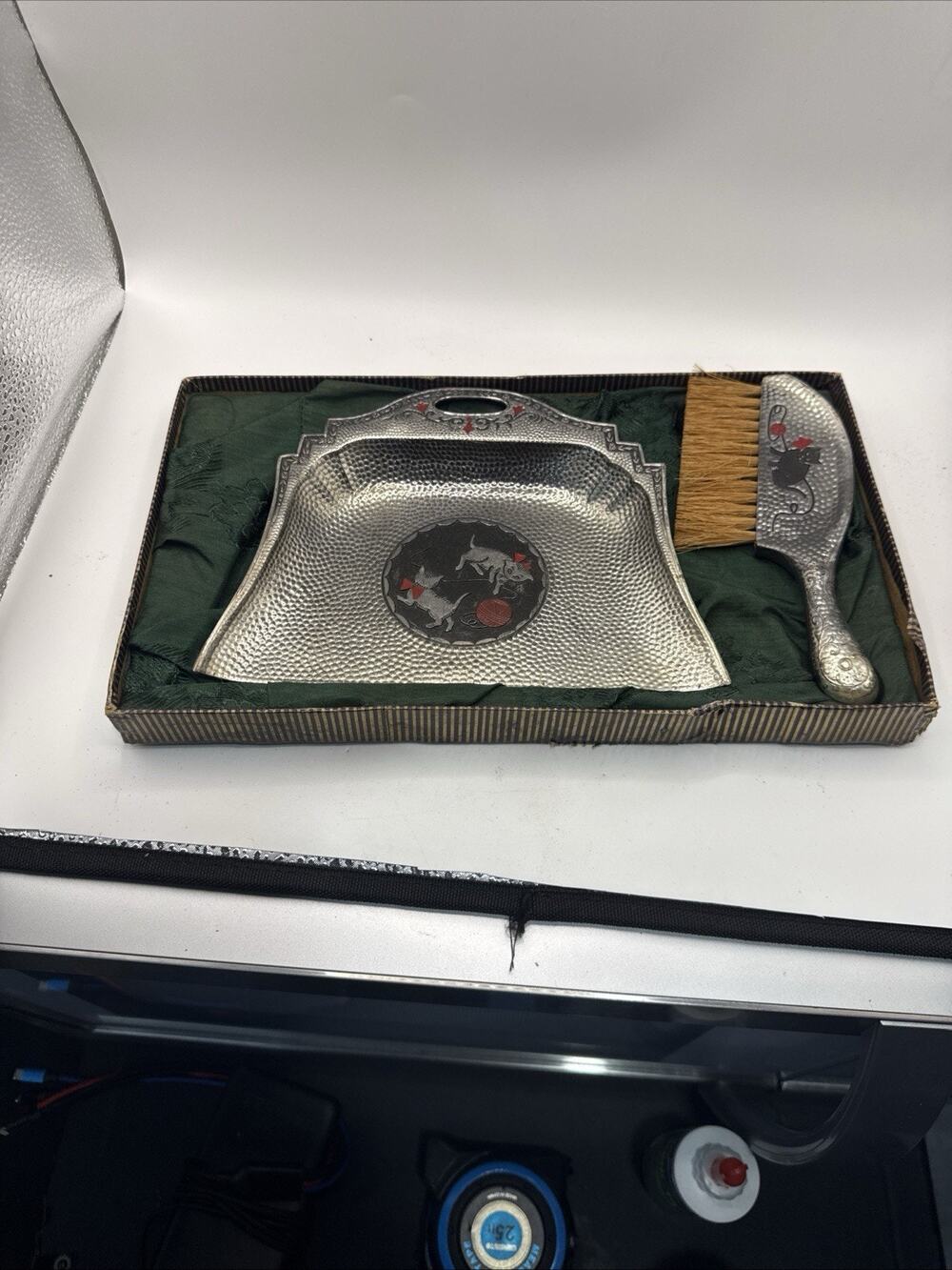 Vintage Art Deco SilverPlate Silent Butler Crumb Tray & Brush Scottie Dog & Lady